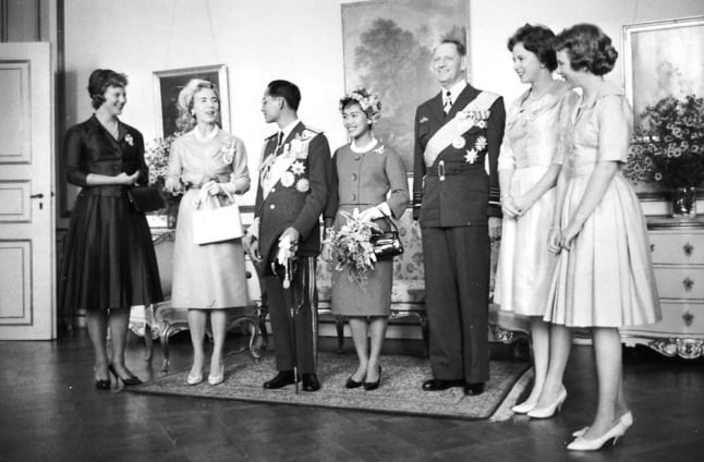 Then-Princess Margrethe of Denmark (far left of picture) meets Thailand’s King Bhumibol Adulyadej and Queen consort Sirikit in 1960. The Queen’s father, King Frederik IX, stands to the left of the Thai royal couple.